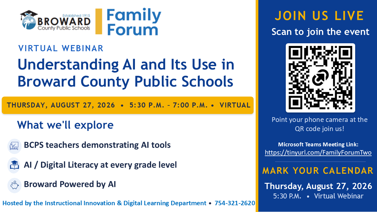 Family Forum flyer: AI Literacy in PreK-5 and Exploring MagicStudent, Thursday, August 27, 2026, virtual webinar