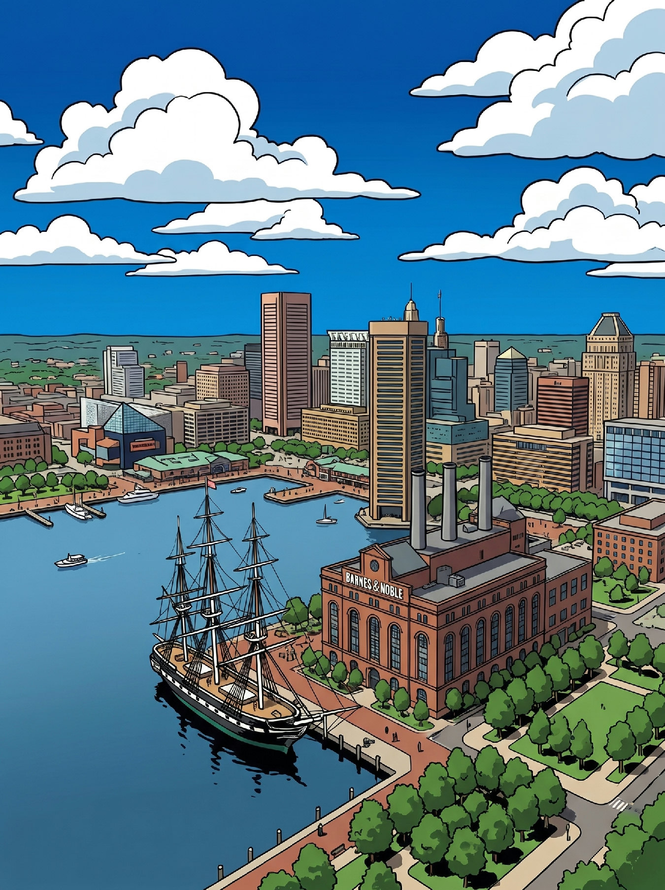 Baltimore Inner Harbor illustration with its historic ship and the downtown skyline